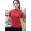 Dark-Cold Shoulder Cutout Split Short Sleeve Sports Tee