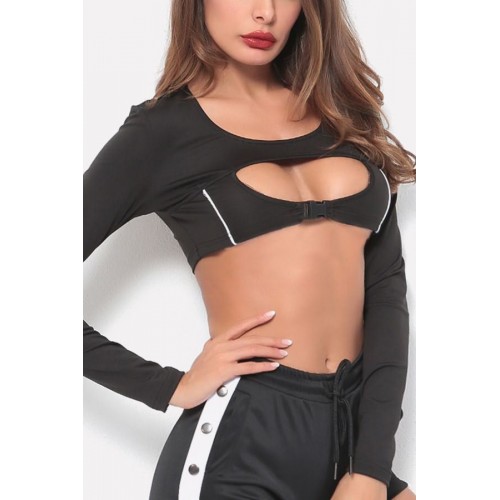 Cutout Buckle Round Neck Long Sleeve Sports Crop Top