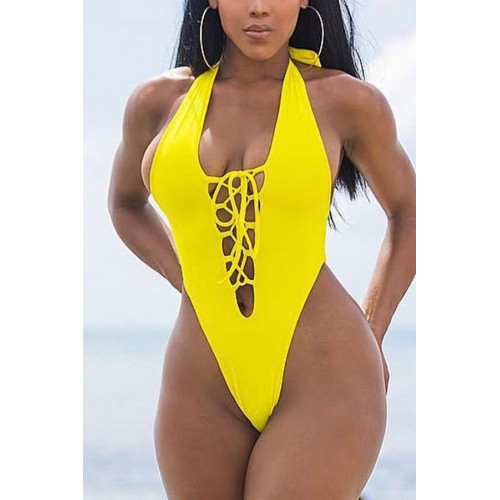 Yellow Lace Up Halter High Cut Cheeky Sexy One Piece Swimsuit