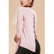 Pink Lace Up Back Long Sleeve Round Neck Workout Sports Tee