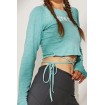 Light-green Slogan Tied Thumb Hole Long Sleeve Workout Sports Crop Top