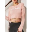 Pink Slogan Tied Thumb Hole Long Sleeve Workout Sports Crop Top