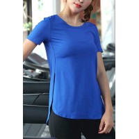 Blue Round Neck Short Sleeve Slit Gym Sports Tee