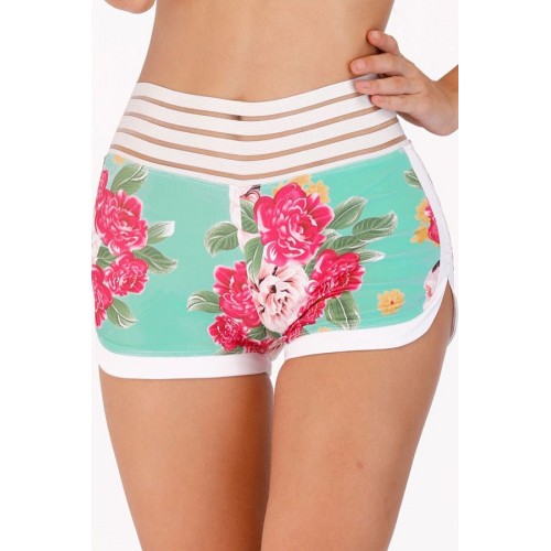 Light-green High Waist Floral Print Pocket Workout Sports Shorts