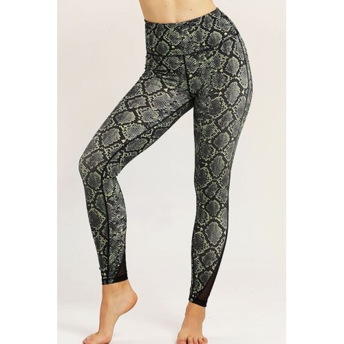 Green Snakeskin Print Mesh High Waist Yoga Sports Leggings