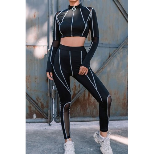 Mesh Contrast Long Sleeve Crop Top High Waist Leggings Sports Set