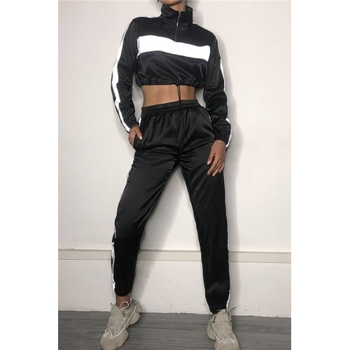 Reflective Patch Drawstring Long Sleeve Crop Top Pants Sports Set