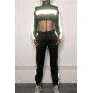 Reflective Patch Drawstring Long Sleeve Crop Top Pants Sports Set