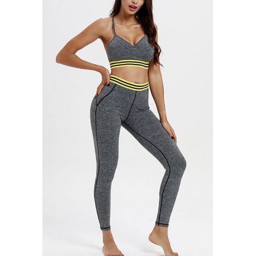 Gray Contrast Stripe Back Mesh Shaping Hip Sports Bra Leggings Set