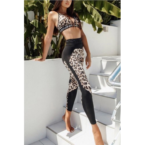 Leopard Letter Caged High Waist Yoga Sports Bra Leggings Set