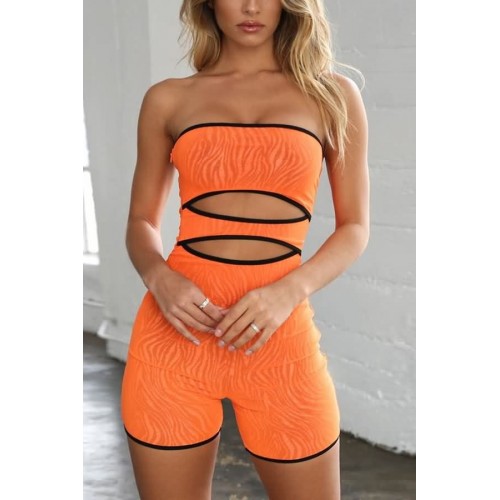 Orange Zebra Print Cutout Strapless Yoga Running Sports Romper