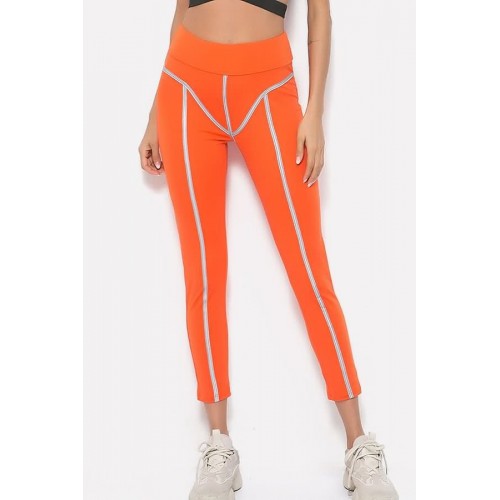 Orange Reflective Striped High Waist Skinny Yoga Sports Leggings