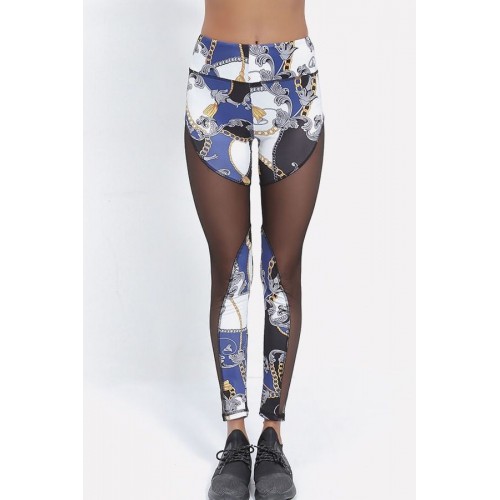 Blue Chain Print Mesh Splicing High Waist Yoga Sports Leggings