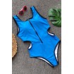 Blue Contrast Cutout Zipper Up Sexy One Piece Swimsuit