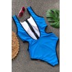 Blue Contrast Cutout Zipper Up Sexy One Piece Swimsuit