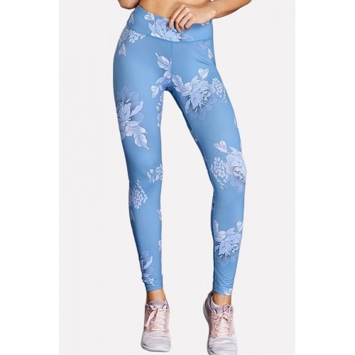 Light-blue Floral Print High Waist Skinny Yoga Sports Leggings