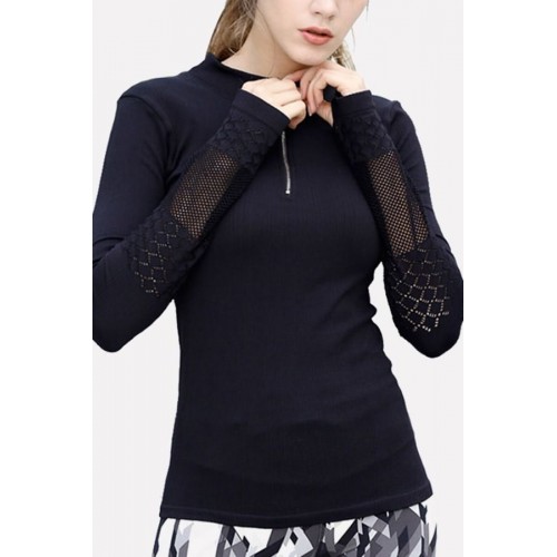 Hollow Out Zipper Thumb Hole Long Sleeve Sports Tee