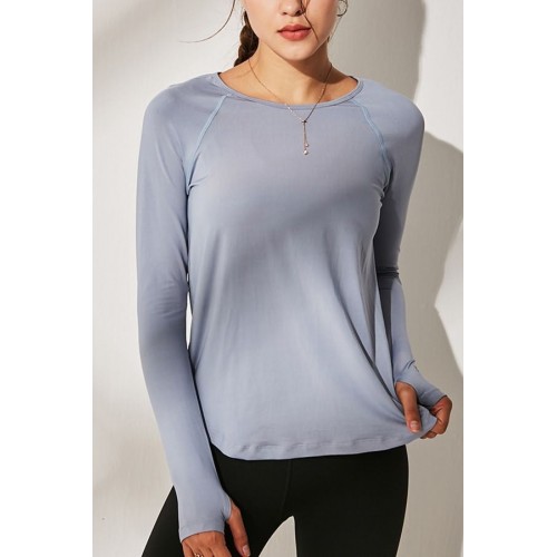 Light-blue Thumb Hole Long Sleeve Hollow Out Back Workout Sports Tee