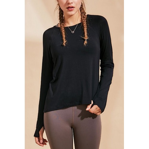 Lace Up Back Long Sleeve Round Neck Workout Sports Tee