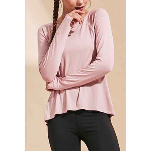 Pink Lace Up Back Long Sleeve Round Neck Workout Sports Tee