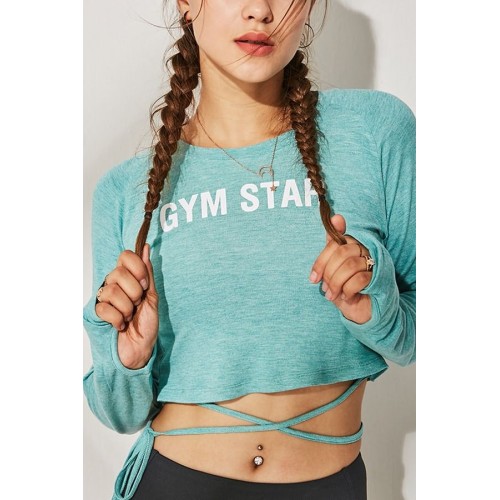 Light-green Slogan Tied Thumb Hole Long Sleeve Workout Sports Crop Top