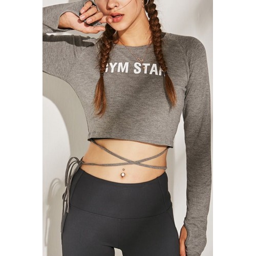 Gray Slogan Tied Thumb Hole Long Sleeve Workout Sports Crop Top