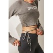 Gray Slogan Tied Thumb Hole Long Sleeve Workout Sports Crop Top