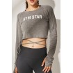 Gray Slogan Tied Thumb Hole Long Sleeve Workout Sports Crop Top