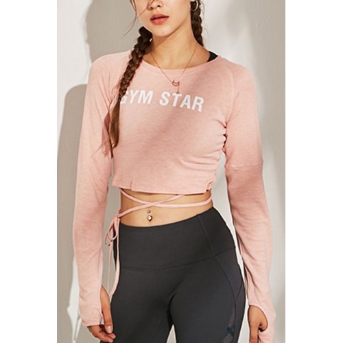 Pink Slogan Tied Thumb Hole Long Sleeve Workout Sports Crop Top