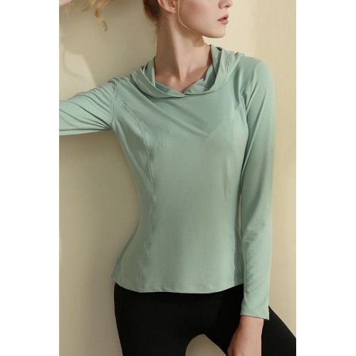 Green Hooded Long Sleeve Workout Sports Tee