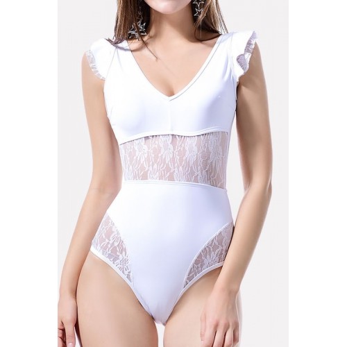 Lace Splicing Ruffles Trim Padded Sexy One Piece Swimsuit