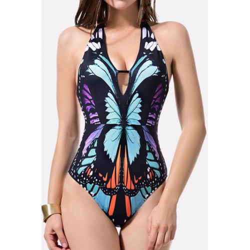 Butterfly Print Halter Padded Sexy One Piece Swimsuit