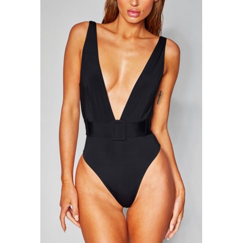 Plunging Belted Padded High Cut Sexy One Piece Swimsuit