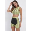 Yellow Snakeskin Zip-up Patchwork Crop Top Shorts Sports Sets