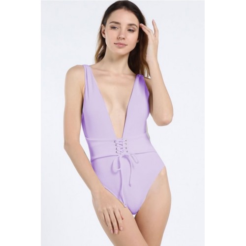 Lace Up Plunging Backless Padded High Cut Sexy One Piece Swimsuit