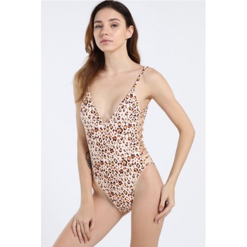 Leopard Cutout Strappy Side Padded High Cut Sexy One Piece Swimsuit